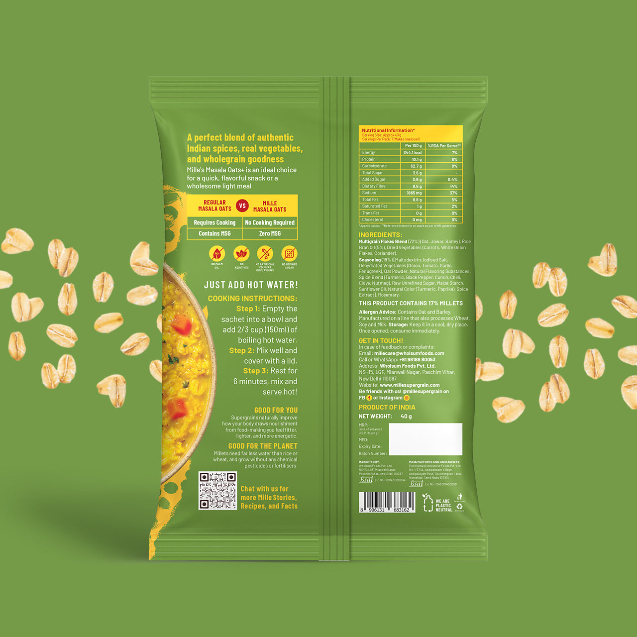 Mille Instant Masala Oats + Jowar with Whole Grains and Veggies- 40g