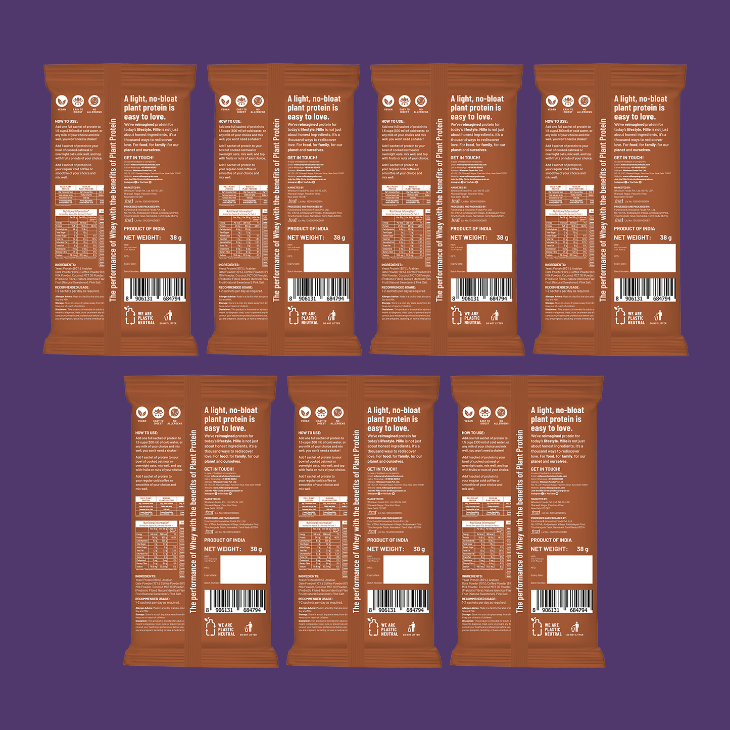 Mille Plant Protein | 25g Protein/Scoop | Coffee Hazelnut Trial Pack of 7 | 38g Trial Pack x 7