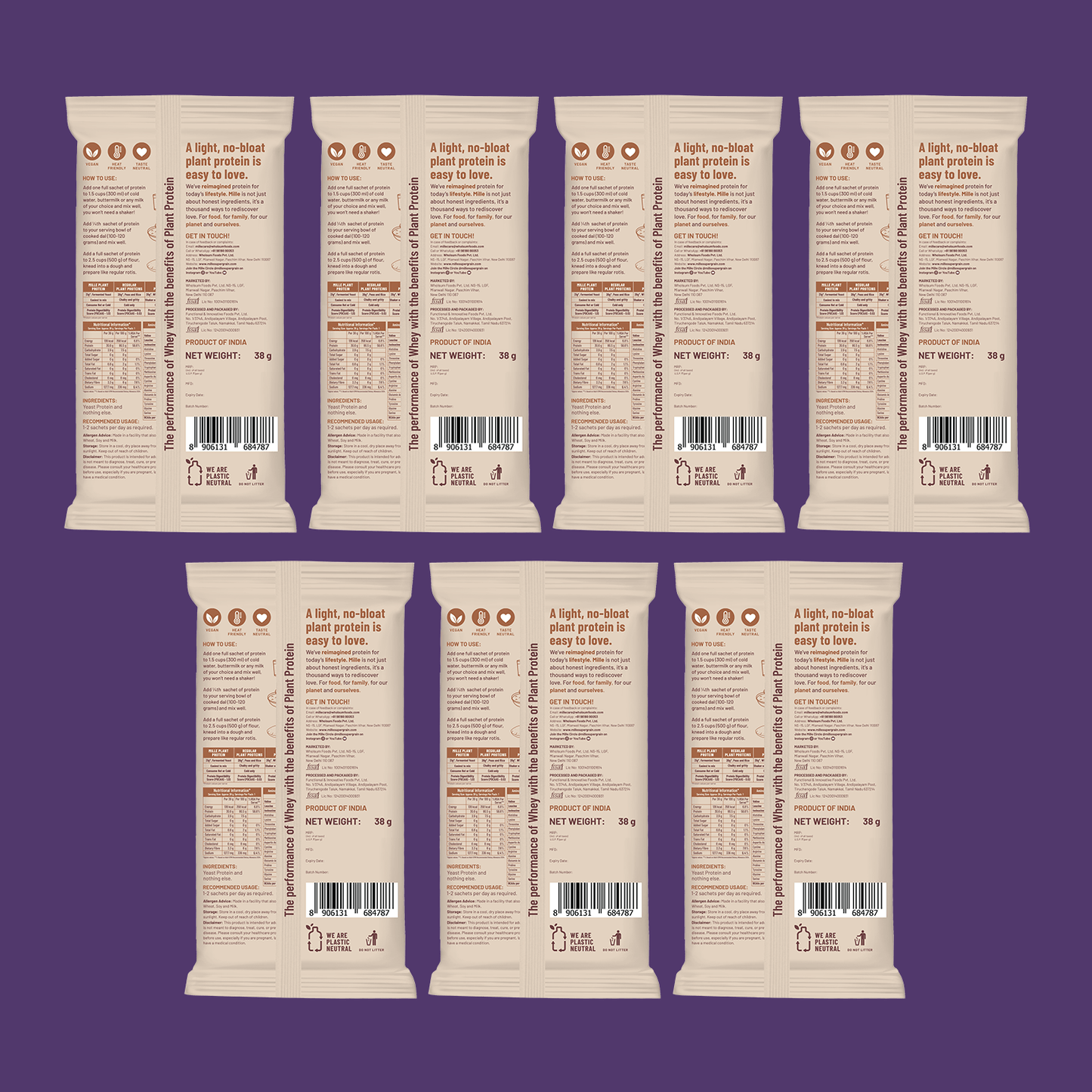 Mille Plant Protein | 31g Protein/Scoop | Unflavoured Trial Pack of 7 | 38g Trial Pack x 7