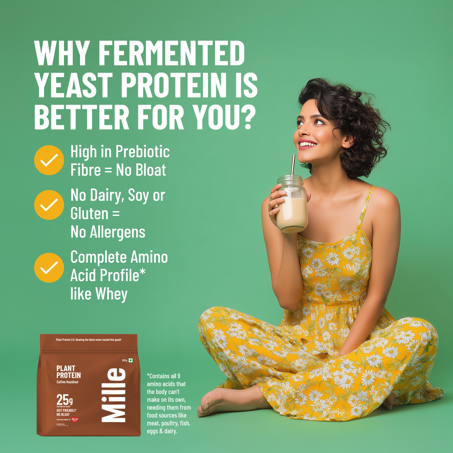 Mille Plant Protein | 25g/Scoop | Coffee-hazelnut | Fermented Yeast Protein | No Bloat I Vegan | 38g Trial Pack