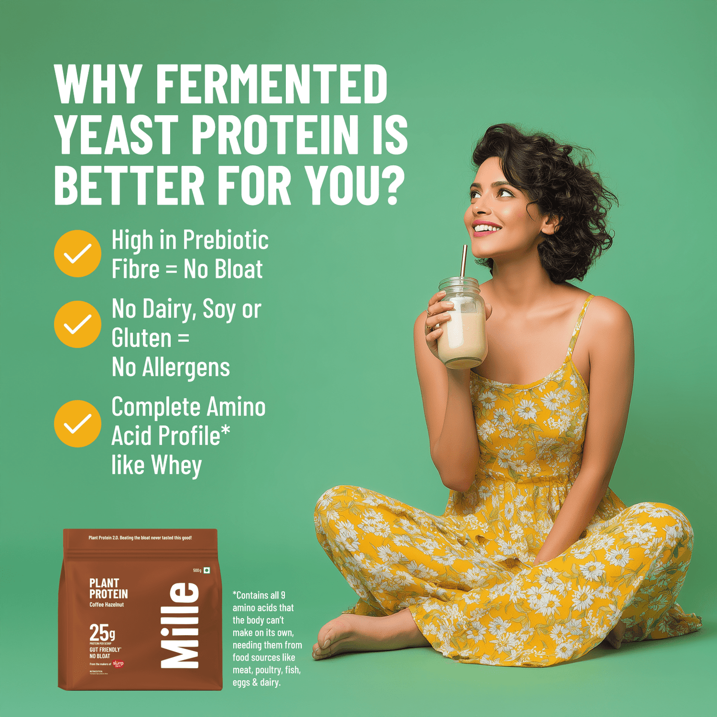 Mille Plant Protein | 25g/Scoop | Coffee Hazelnut | Fermented Yeast Protein | No Bloat I Vegan | 500g
