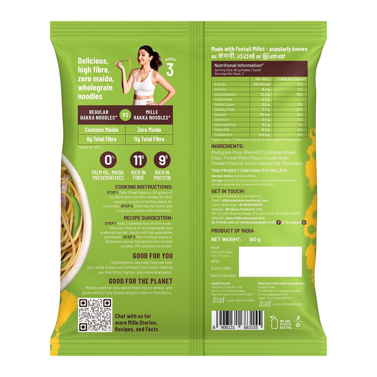 Zero Maida Hakka Noodles | Whole wheat + Foxtail Millet | Non-sticky | No Palm Oil Pack of 3