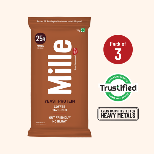A single Mille Yeast Protein snack bar package in brown, shown on a light beige background with three callout badges reading 'Pack of 3', 'Trustified 100% Blind Testing', and 'Every Batch Tested for Heavy Metals'.