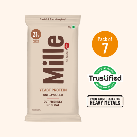 A package of Mille Yeast Protein powder shown on a light beige background, alongside promotional badges indicating a pack of 7, Trustified certification, and heavy metal testing.