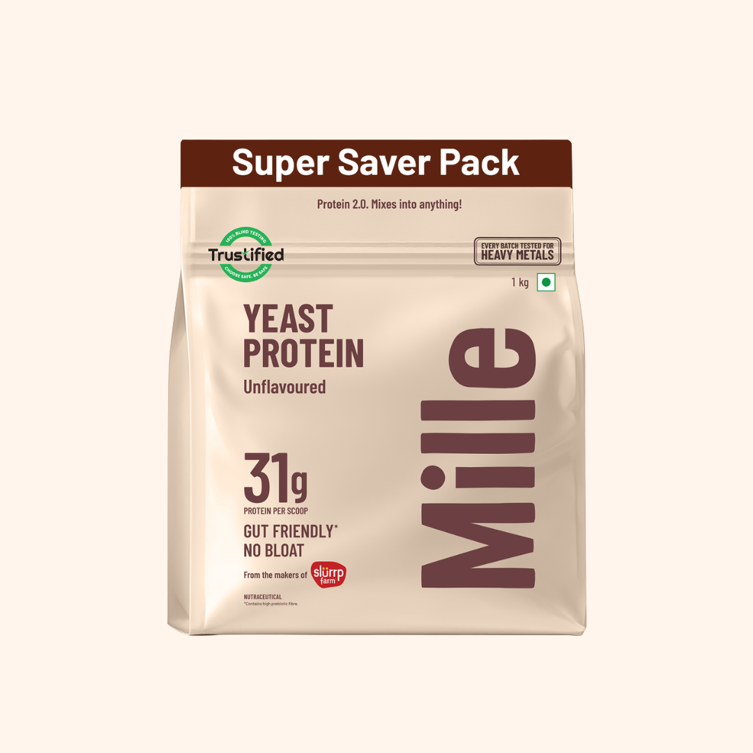 A 1 kg bag of Mille Yeast Protein Unflavoured Super Saver Pack on a light cream background. The packaging is beige with a dark brown top banner and dark brown text, featuring the Mille brand logo.