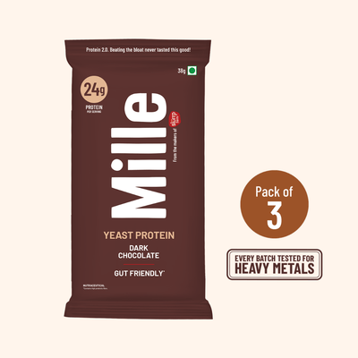 A package of Mille Yeast Protein Dark Chocolate powder, 30g, shown on a light beige background with a 'Pack of 3' badge and a 'Every Batch Tested for Heavy Metals' badge.