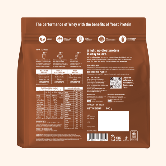 A 500g bag of Mille Yeast Protein Coffee Hazelnut in brown packaging with white text and green and red accents, shown on a light beige background.