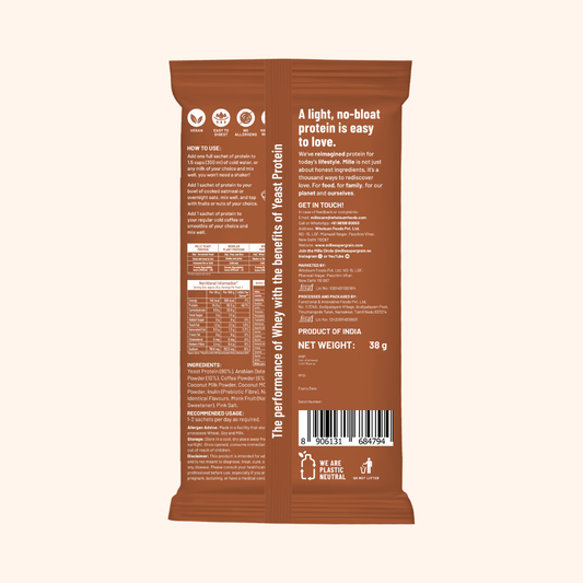 A single Mille Yeast Protein snack bar package in brown, shown on a light beige background with three callout badges reading 'Pack of 3', 'Trustified 100% Blind Testing', and 'Every Batch Tested for Heavy Metals'.
