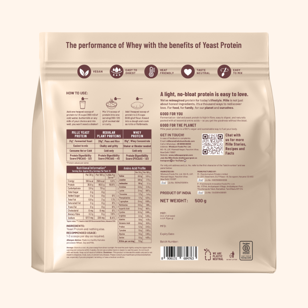 Mille Protein | 31g/Scoop | Unflavoured | Fermented Yeast Protein | No Bloat I Vegan  | 500g