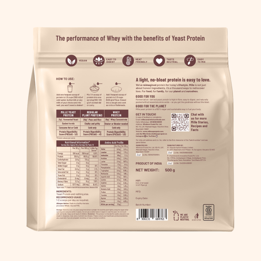 A 500g bag of Mille Yeast Protein Unflavoured protein powder, featuring a beige packaging design with dark brown text and a green Trustified logo, set against a solid cream background.