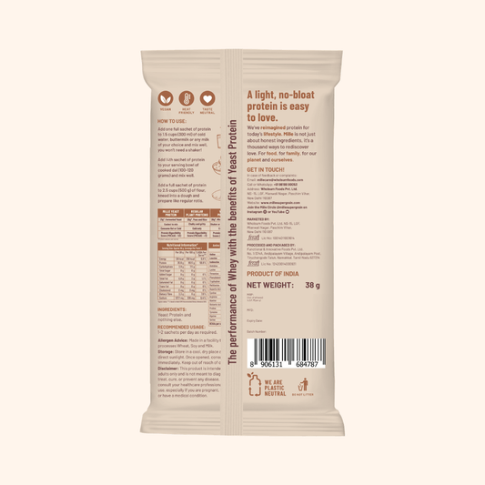 A package of Mille Yeast Protein powder shown on a light beige background, alongside promotional badges indicating a pack of 7, Trustified certification, and heavy metal testing.