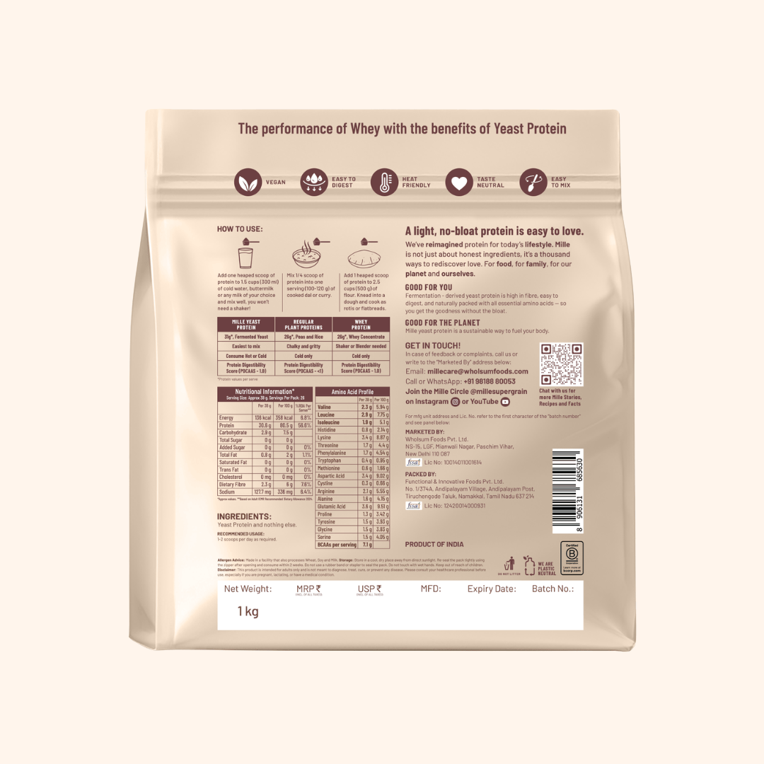 Back view of a 1kg stand-up pouch of Whey protein powder, featuring product information, nutritional facts, and usage instructions on a light beige background.