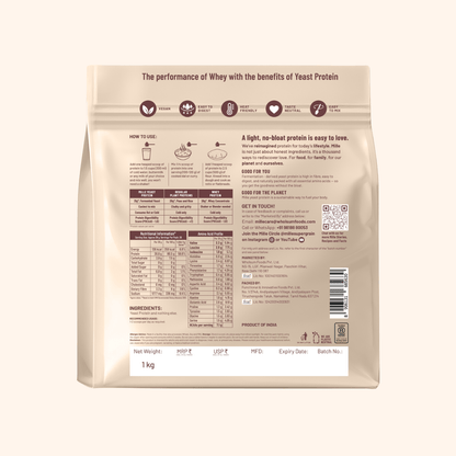 Back view of a 1kg stand-up pouch of Whey protein powder, featuring product information, nutritional facts, and usage instructions on a light beige background.