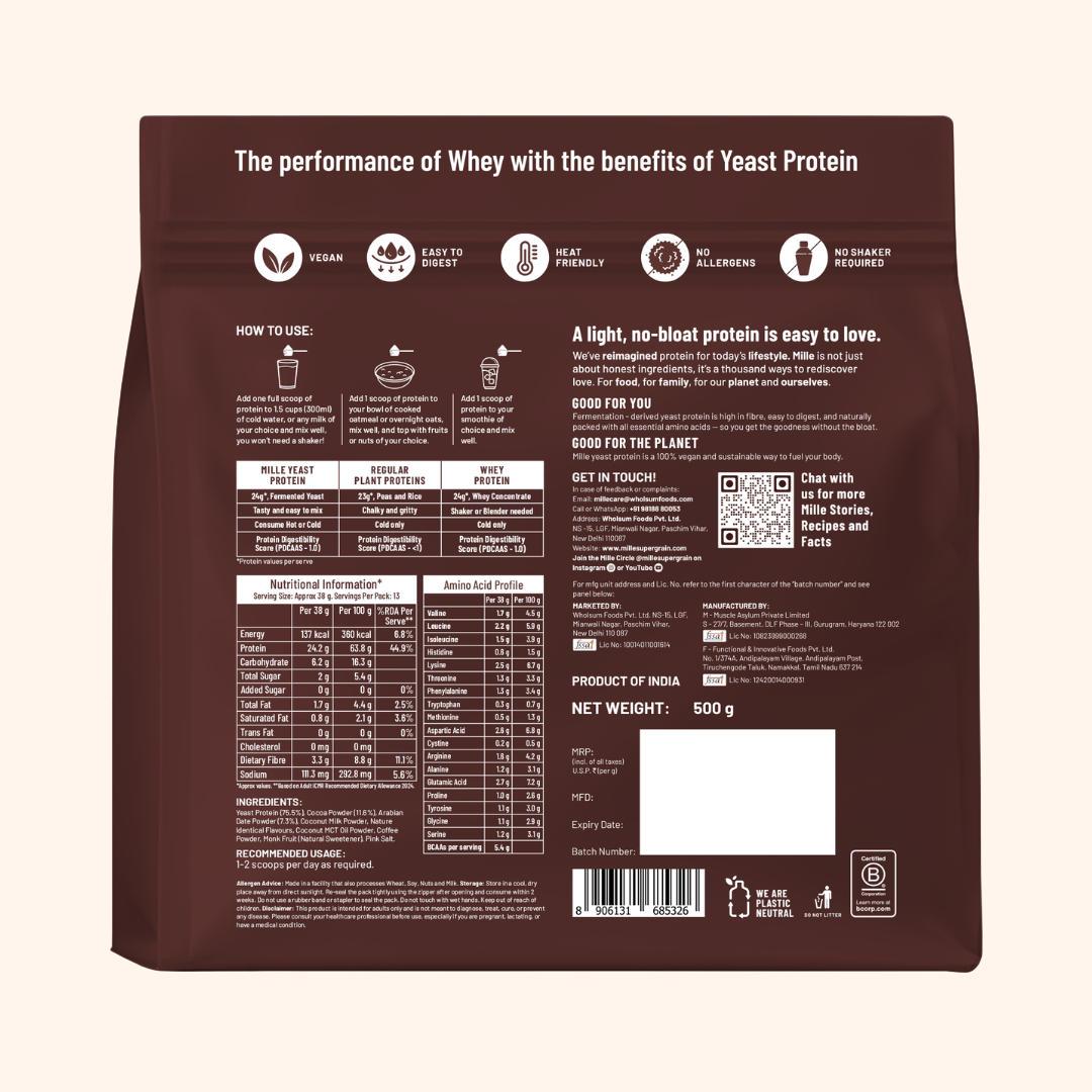 Mille Protein | 24g/Scoop | Dark Chocolate | Fermented Yeast Protein | No Bloat I Vegan