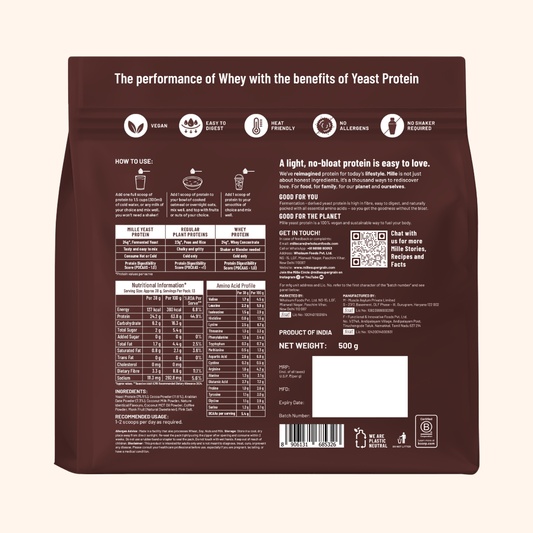 A 500g stand-up pouch of Mille Yeast Protein Dark Chocolate on a light beige background. The packaging is dark brown with white text and a small red Skaro logo.