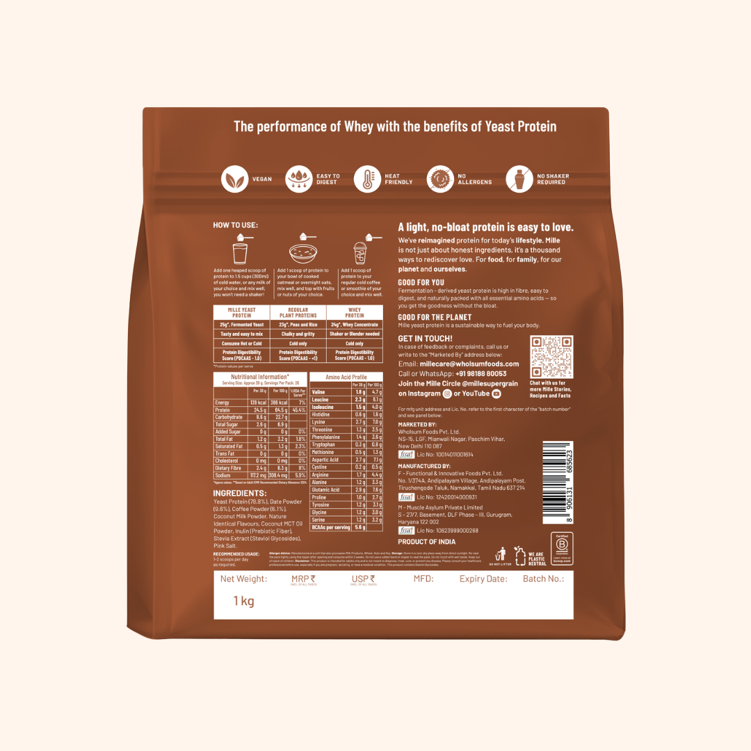 Back view of a 1kg brown pouch of Whey protein powder, displaying nutritional information, ingredients, and usage icons on a light beige background.