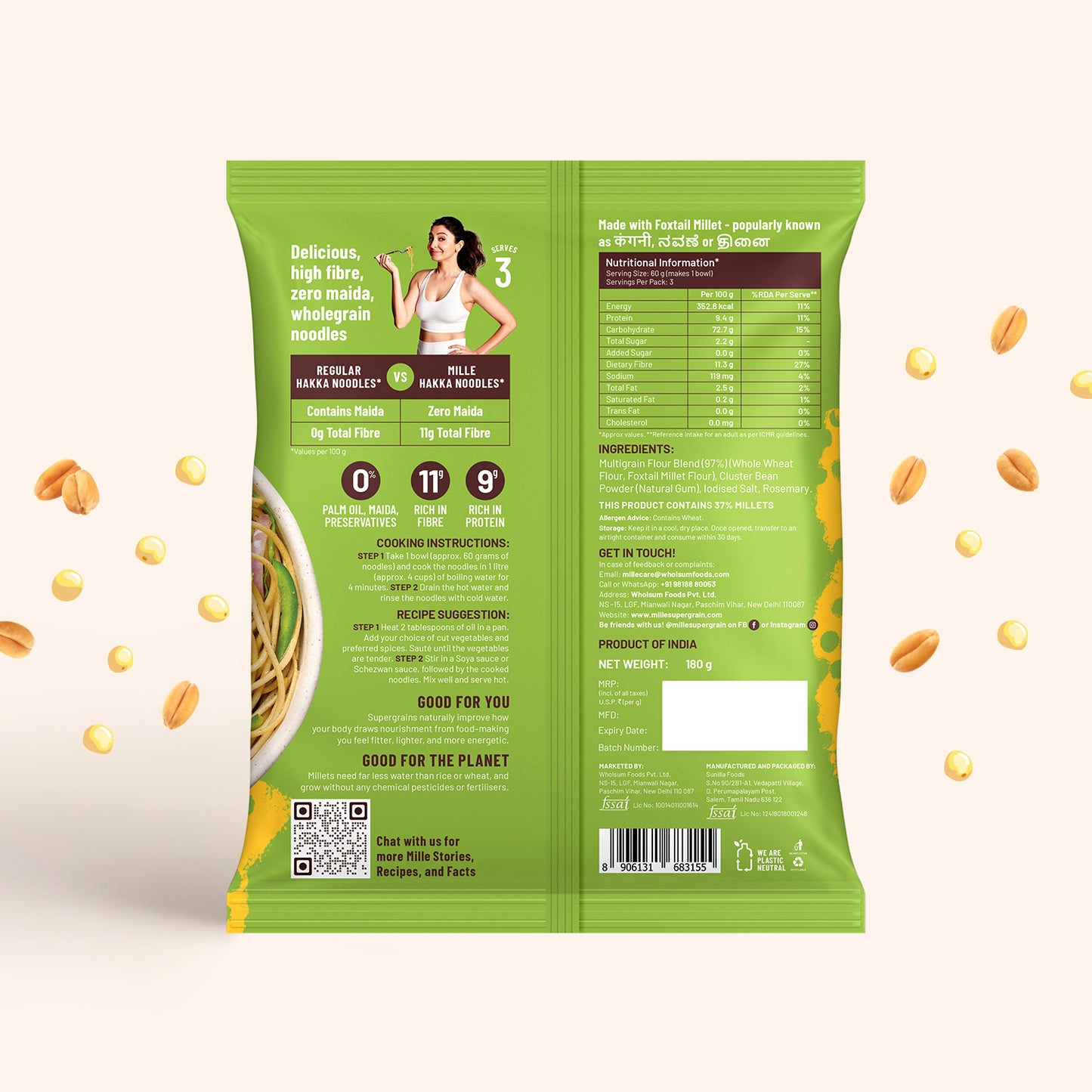 Zero Maida Hakka Noodles | Whole wheat + Foxtail Millet | Non-sticky | No Palm Oil