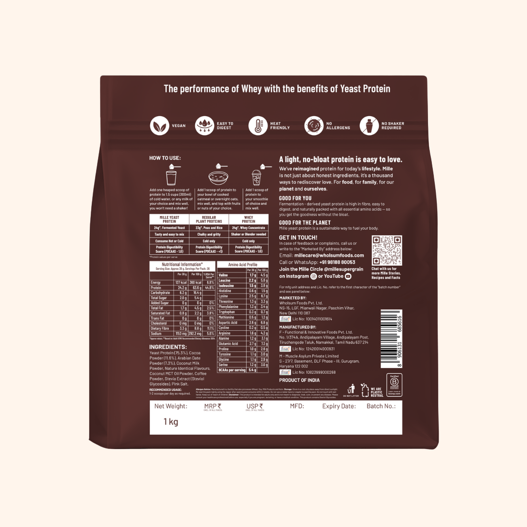Back view of a 1kg protein powder bag in dark brown packaging with white text and icons, shown on a light beige background.