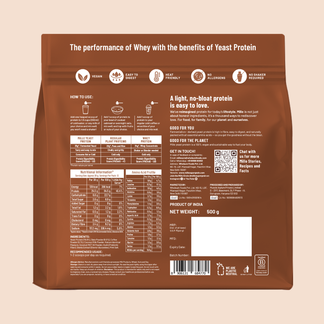 Back of a 550 g brown stand-up pouch of whey protein powder, featuring usage instructions, nutritional information, icons, and a blank white label area on a light beige background.