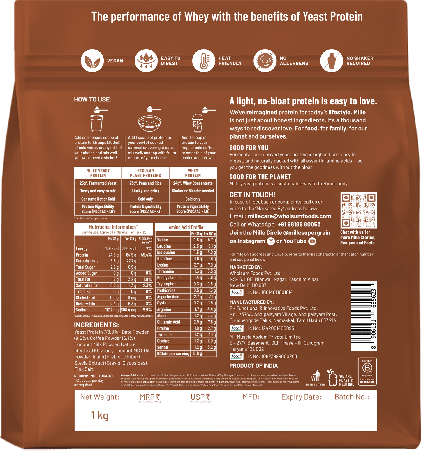 Mille Protein | 25g/Scoop | Coffee Hazelnut | Fermented Yeast Protein | No Bloat I Vegan  | 1 Kg