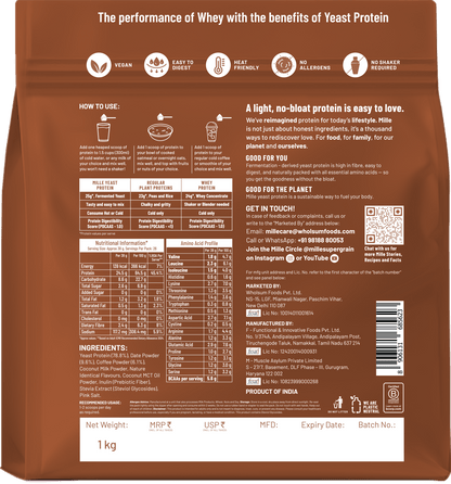 Mille Protein | 25g/Scoop | Coffee Hazelnut | Fermented Yeast Protein | No Bloat I Vegan  | 1 Kg