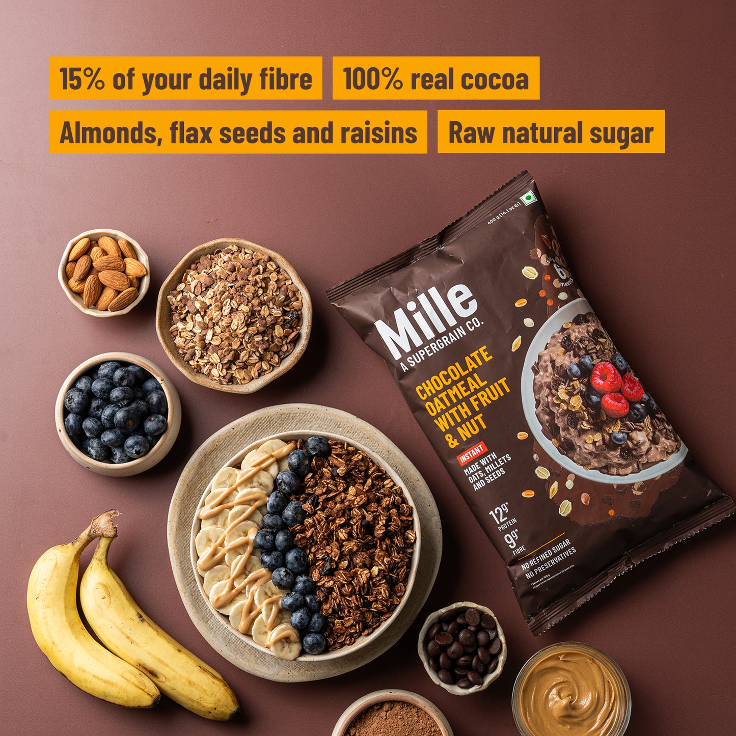 Chocolate Oats with Millets, Flax seeds, Almonds | 100% real cocoa | Instant, No Cooking