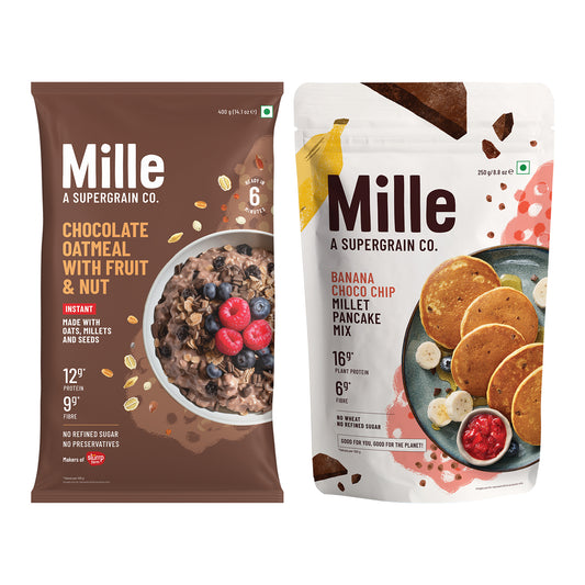 Instant Breakfast Combo: Mille Chocolate Oats & Mille Banana Chocochip Pancake Mix