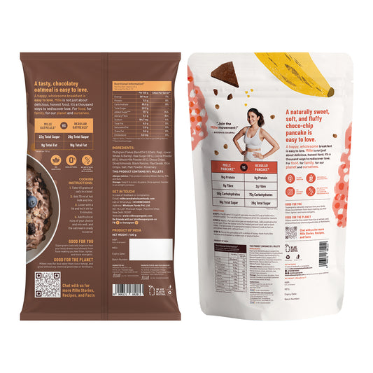 Instant Breakfast Combo: Mille Chocolate Oats & Mille Banana Chocochip Pancake Mix