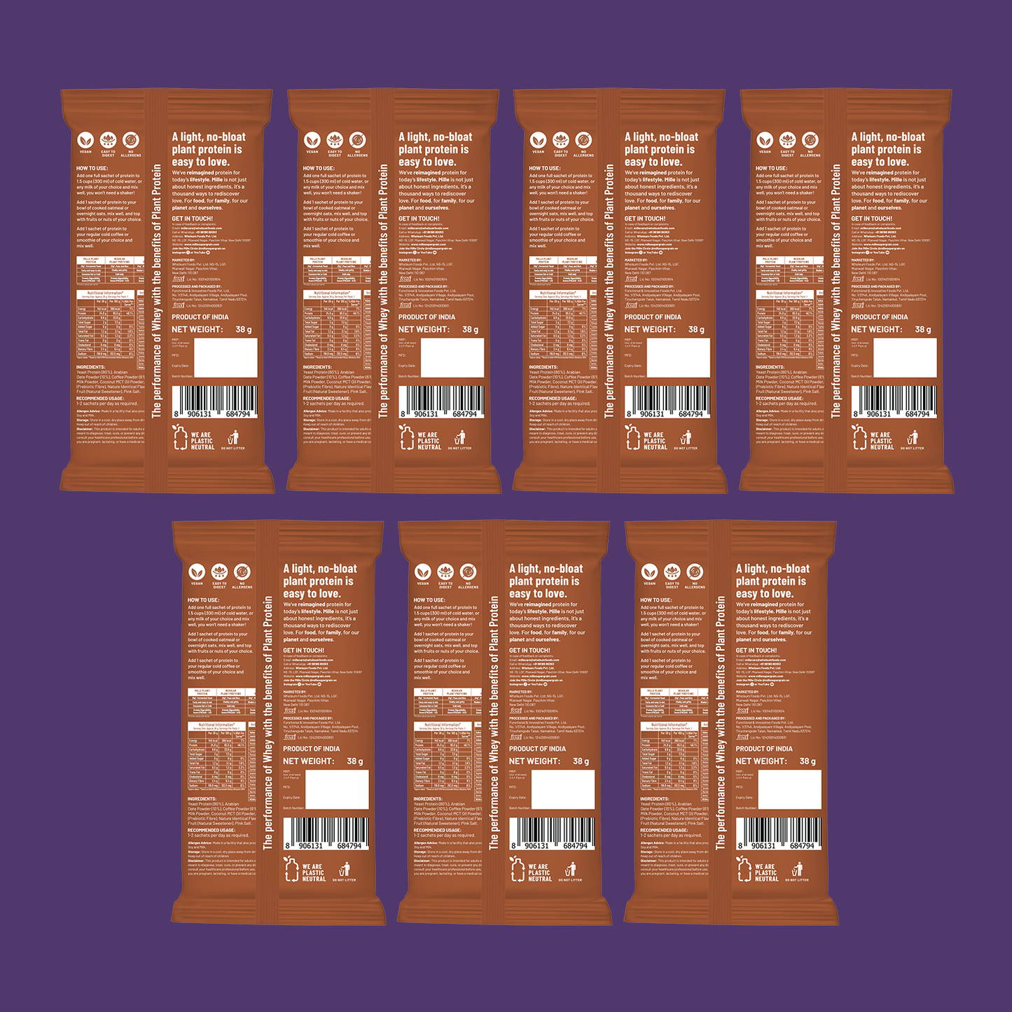 Mille Plant Protein | 25g Protein/Scoop | Coffee Hazelnut Trial Pack of 7 | 38g Trial Pack x 7