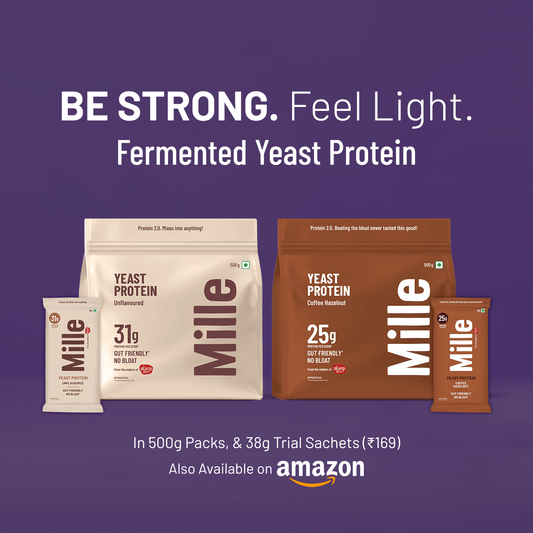A package of Mille Yeast Protein powder shown on a light beige background, alongside promotional badges indicating a pack of 3, Trustified certification, and heavy metal testing.