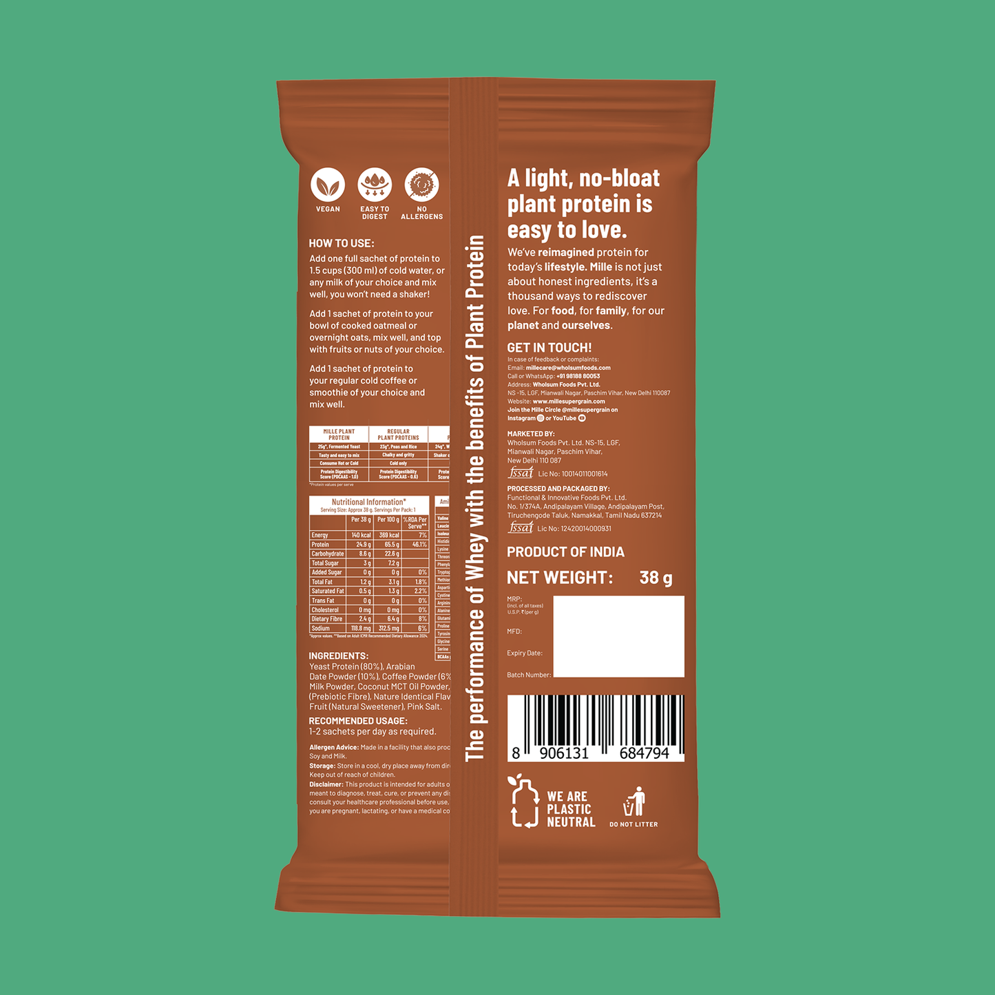 Mille Plant Protein | 25g/Scoop | Coffee-hazelnut | Fermented Yeast Protein | No Bloat I Vegan  | 38g Trial Pack