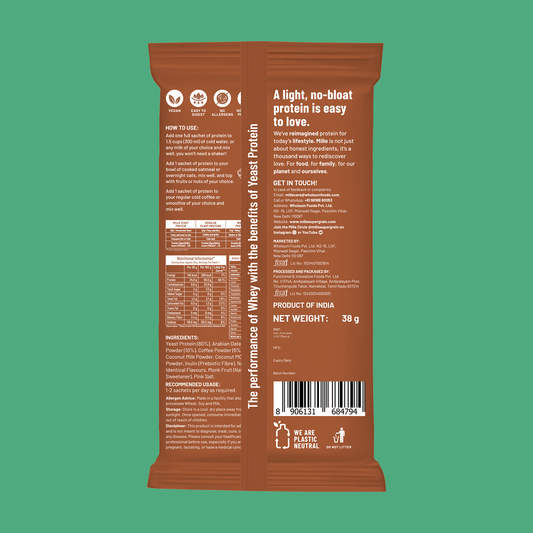 Mille Protein | 25g/Scoop | Coffee-hazelnut | Fermented Yeast Protein | No Bloat I Vegan  | 38g Trial Pack