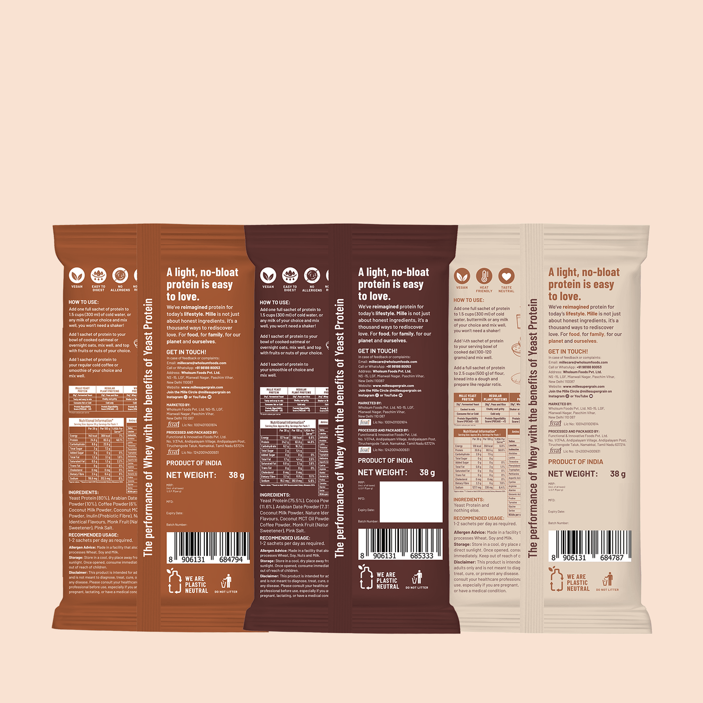 Mille Yeast Protein | Up to 31g Per Serve | Assorted Pack | Bio-Fermented Yeast Protein | Gut Friendly | 3×38g Trial Pack