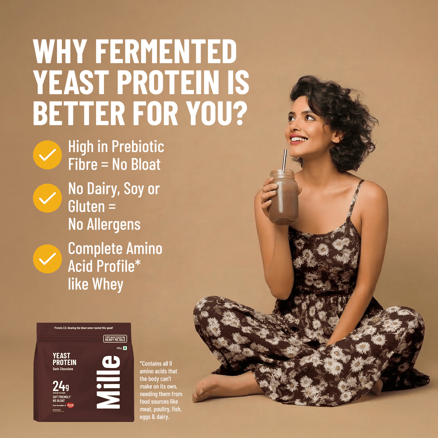 Mille Protein | 24g/Scoop | Dark Chocolate | Fermented Yeast Protein | No Bloat I Vegan