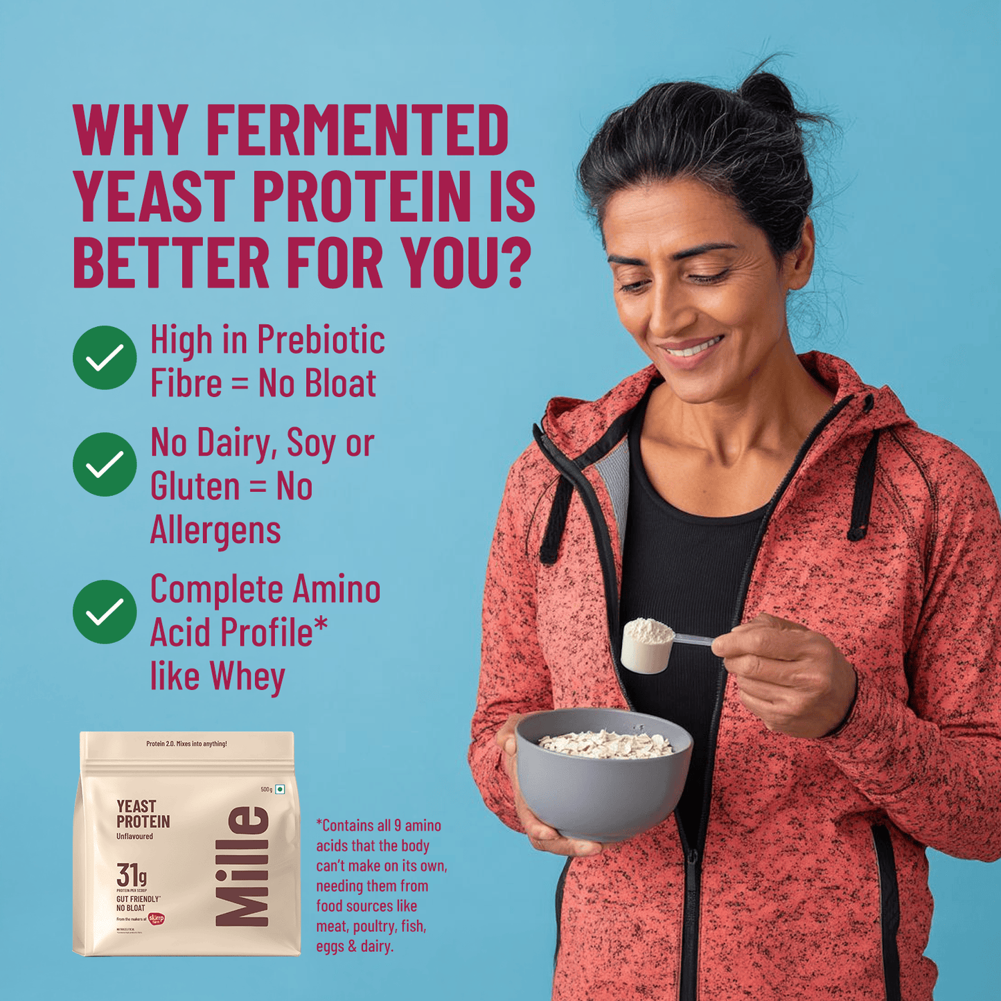 Mille Plant Protein | 31g/Scoop | Unflavoured | Fermented Yeast Protein | No Bloat I Vegan  | 38g Trial Pack (Pack of 3)