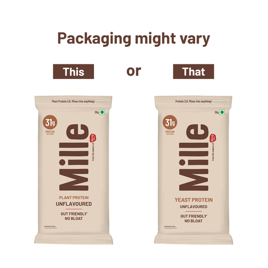A package of Mille Yeast Protein powder shown on a light beige background, alongside promotional badges indicating a pack of 3, Trustified certification, and heavy metal testing.