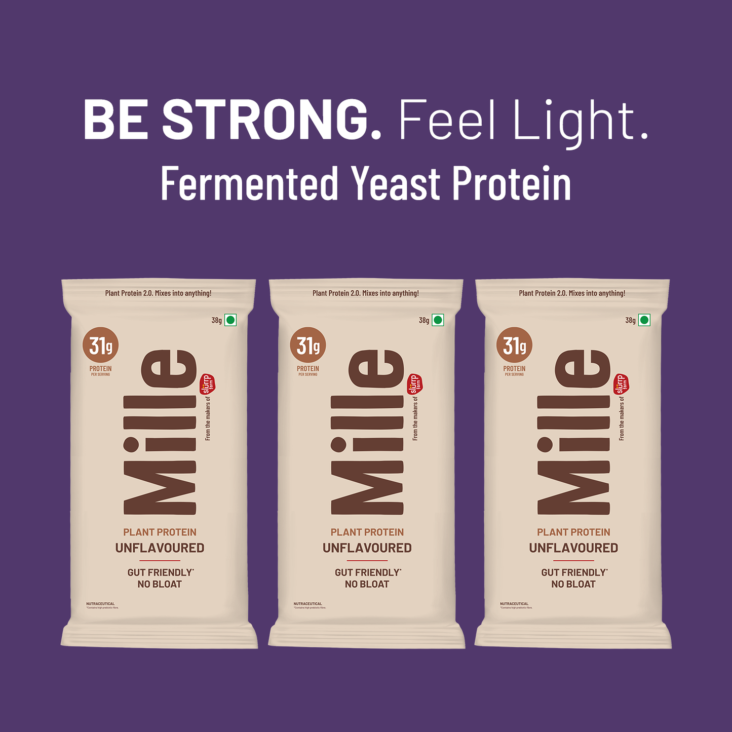 Mille Plant Protein | 31g/Scoop | Unflavoured | Fermented Yeast Protein | No Bloat I Vegan  | 38g Trial Pack (Pack of 3)