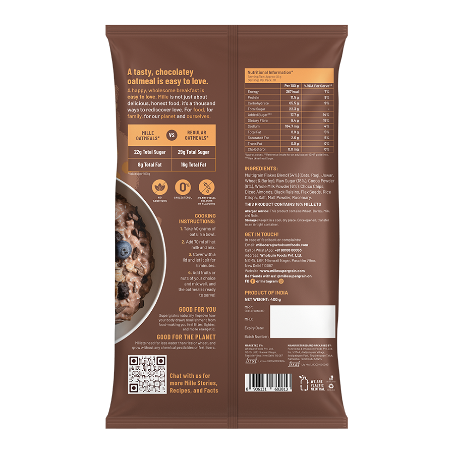 Chocolate Oats with Millets, Flax seeds, Almonds | 100% real cocoa | Instant, No Cooking