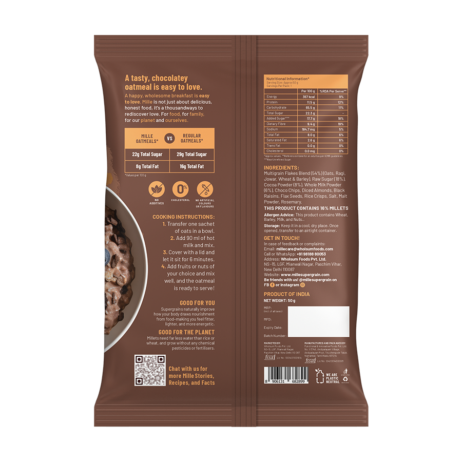 Chocolate Oats with Millets, Flax seeds, Almonds | 100% real cocoa | Breakfast Oats 50g