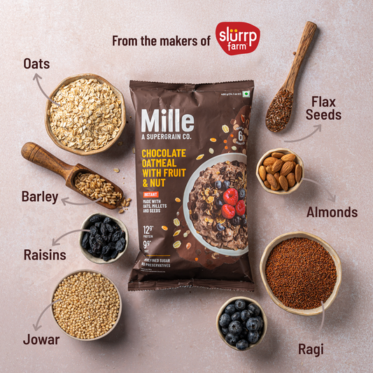 Mille Instant Chocolate Oats with Ragi, Jowar | Power of 5 Grains, Flax seeds, Almonds & Raisins | 100% real cocoa | Breakfast Oats 400g